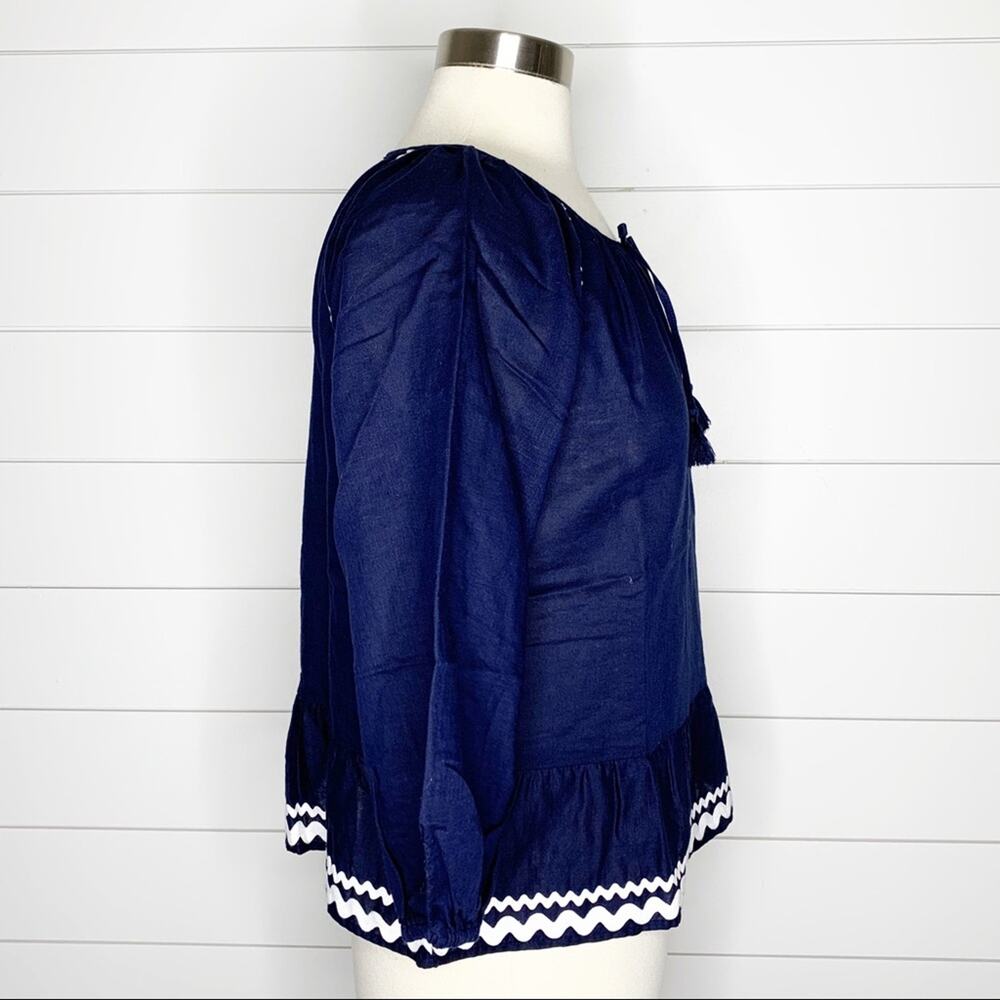 J.Crew Linen Ruffle Rickrack Trim Peasant Top Navy White XS - Picture 6 of 9
